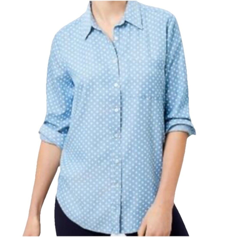 LOFT Womens Long Sleeve Chambray Shirt Polka Dot Preppy-M